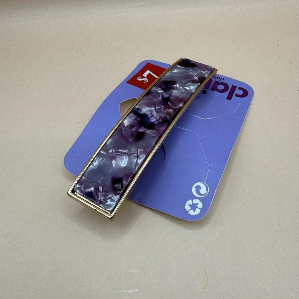 Claire's Rectange Purple Black Marble Print Barrette Hair Clip Gold Rim